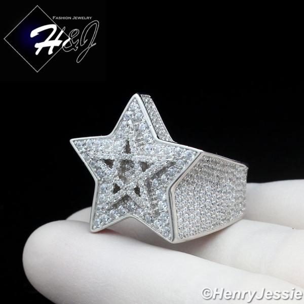 MEN SOLID 925 STERLING SILVER FULL ICY BLING CZ 3D DOUBLE STAR RING*SR205
