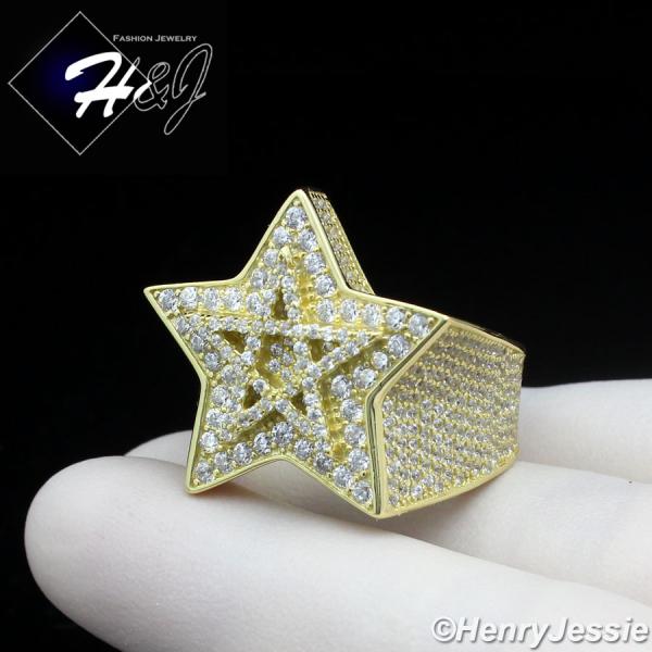 MEN 925 STERLING SILVER FULL ICY BLING CZ 3D GOLD DOUBLE STAR RING*GR205
