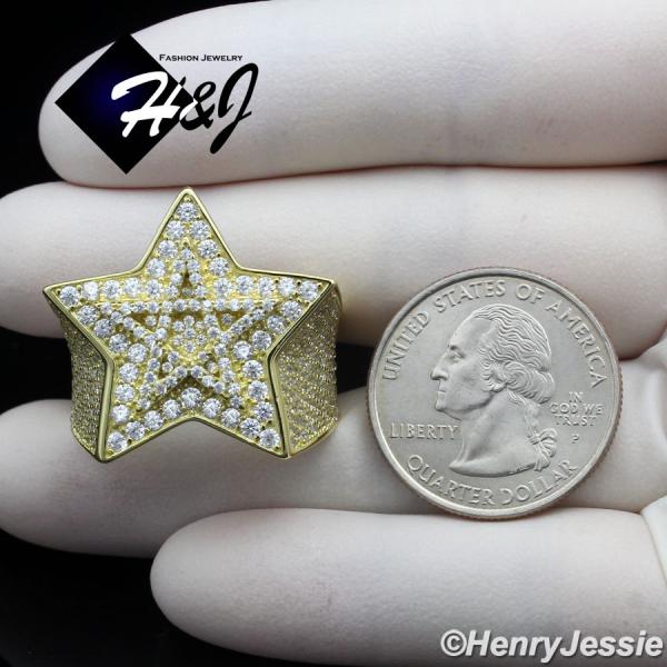 MEN 925 STERLING SILVER FULL ICY BLING CZ 3D GOLD DOUBLE STAR RING*GR205
