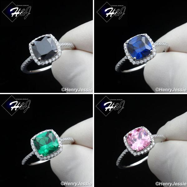 WOMEN SOLID 925 STERLING SILVER ICY BLUE/BLACK/GREEN/RED CZ SQUARE ENGAGEMENT RING*SR203