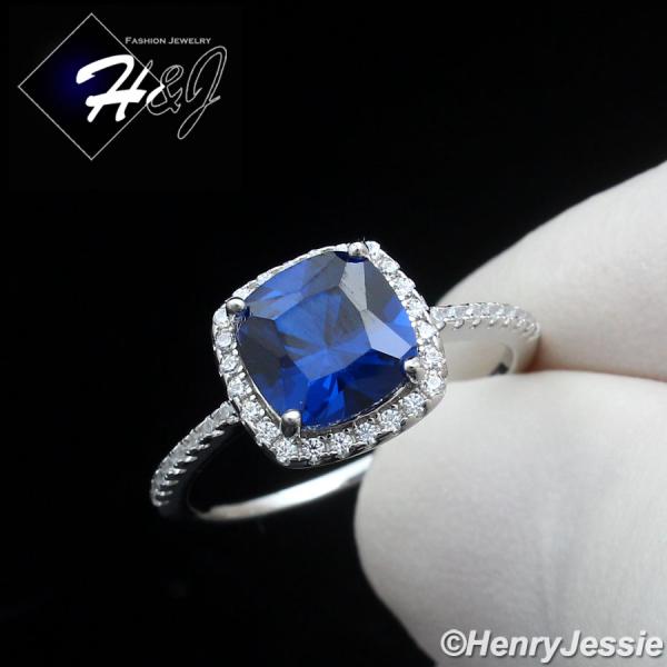 WOMEN SOLID 925 STERLING SILVER ICY BLUE/BLACK/GREEN/RED CZ SQUARE ENGAGEMENT RING*SR203