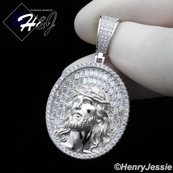 MEN SOLID 925 STERLING SILVER ICY BLING BAGUETTE CZ 3D JESUS FACE OVAL PENDANT*SP385