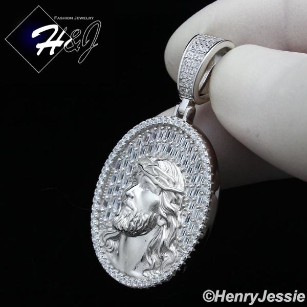 MEN SOLID 925 STERLING SILVER ICY BLING BAGUETTE CZ 3D JESUS FACE OVAL PENDANT*SP385