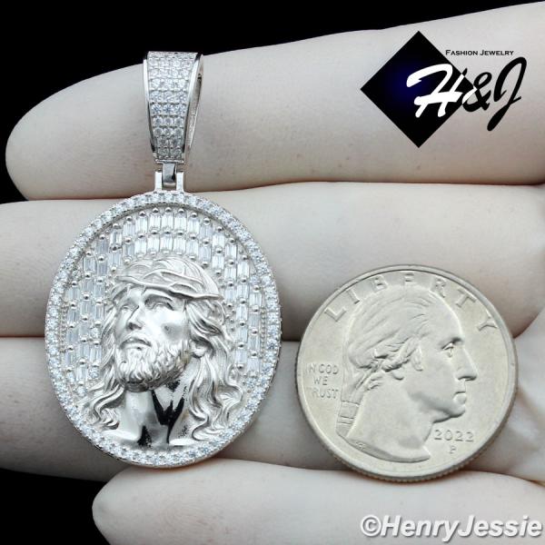 MEN SOLID 925 STERLING SILVER ICY BLING BAGUETTE CZ 3D JESUS FACE OVAL PENDANT*SP385