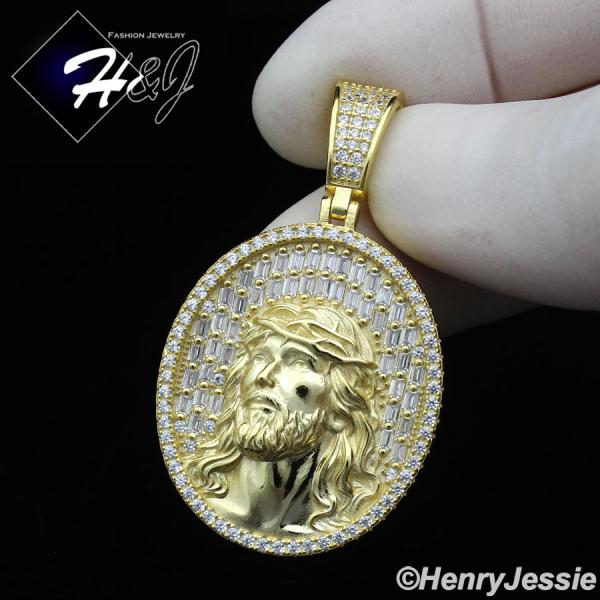 MEN SOLID 925 STERLING SILVER ICY BLING BAGUETTE CZ 3D GOLD PLATED JESUS FACE OVAL PENDANT*SP385