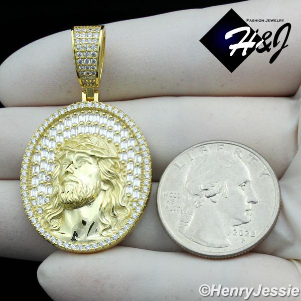 MEN SOLID 925 STERLING SILVER ICY BLING BAGUETTE CZ 3D GOLD PLATED JESUS FACE OVAL PENDANT*SP385