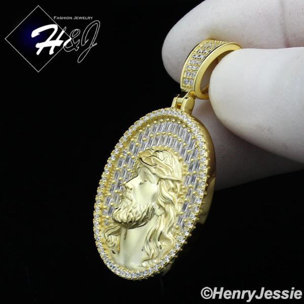 MEN SOLID 925 STERLING SILVER ICY BLING BAGUETTE CZ 3D GOLD PLATED JESUS FACE OVAL PENDANT*SP385