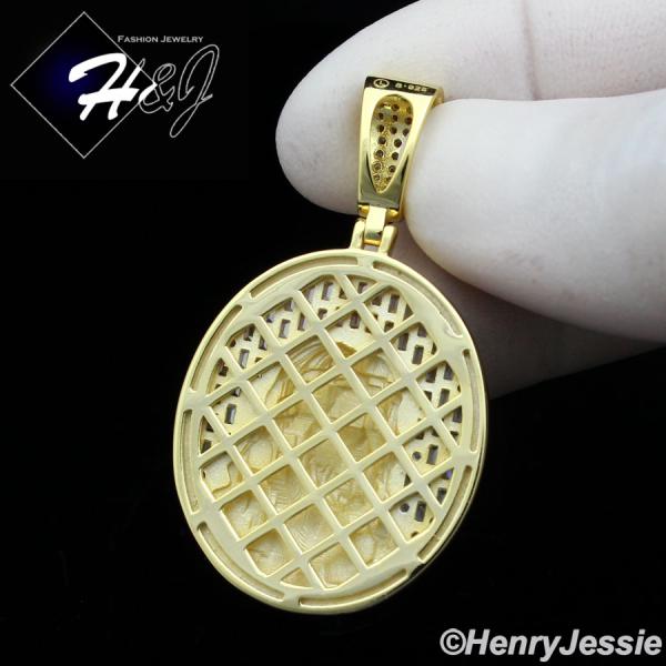 MEN SOLID 925 STERLING SILVER ICY BLING BAGUETTE CZ 3D GOLD PLATED JESUS FACE OVAL PENDANT*SP385