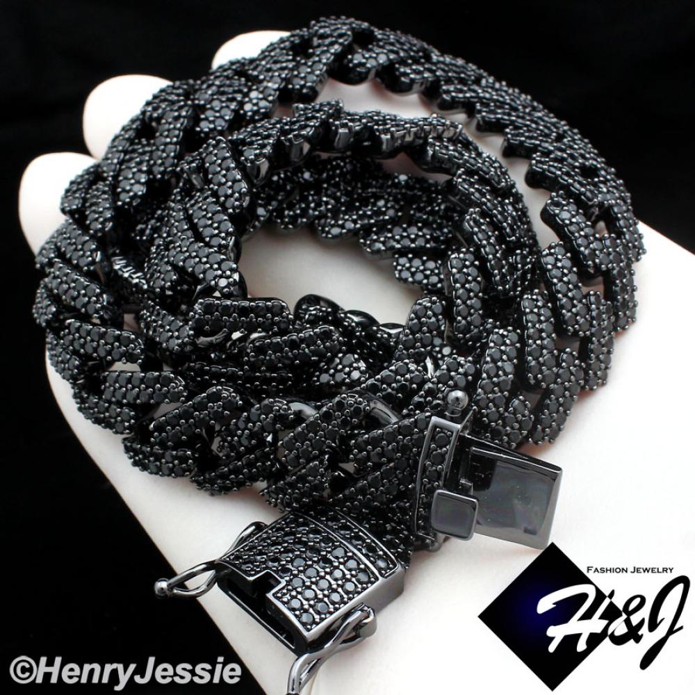16"-30"MEN 14K BLACK GOLD FINISH 14MM BLACK LAB DIAMOND ICED BLING MIAMI CUBAN CURB CHAIN NECKLACE*BBN6