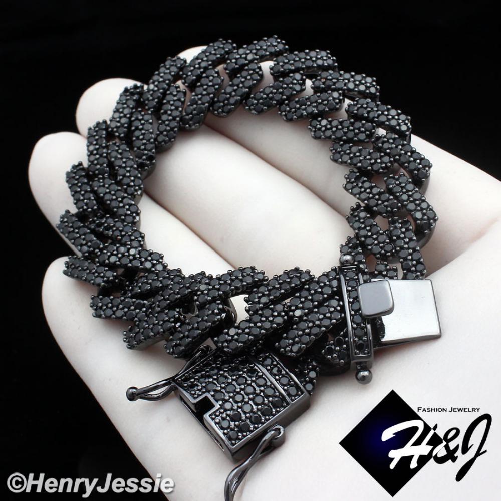 8.5"MEN 14K BLACK GOLD FINISH 14MM FULL ICY BLING CZ CUBAN CURB LINK BRACELET*BBB6