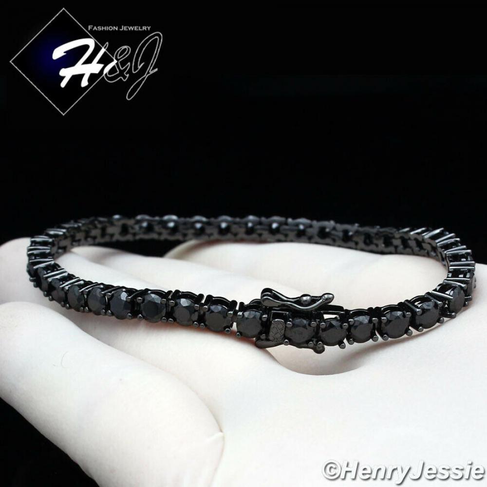 7"-8.5"MEN WOMEN 14K BLACK GOLD FINISH 4MM ICY BLING BLACK CZ 1 ROW TENNIS CHAIN BRACELET*BBB2