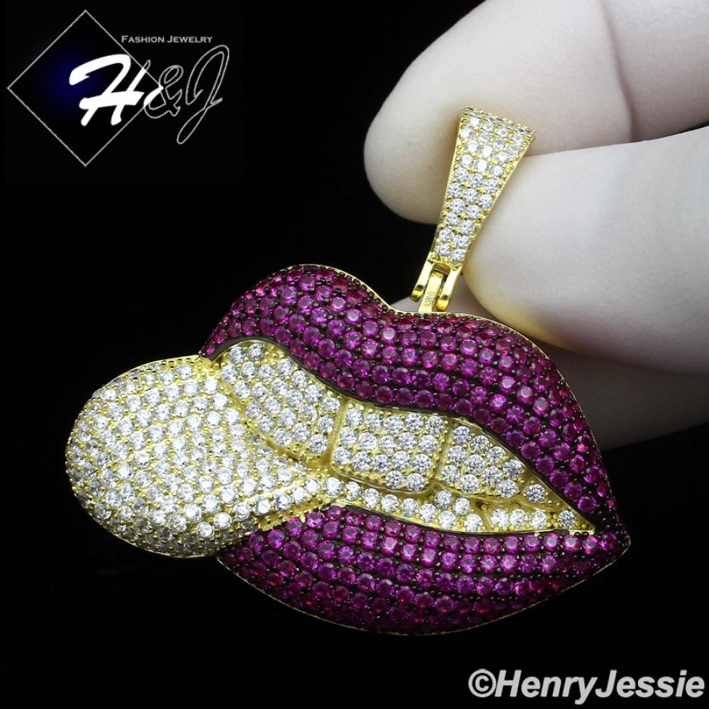925 STERLING SILVER ICY CZ MAGENTA PINK 3D GOLD PLATED LIPS/TEETH PENDANT*GP443