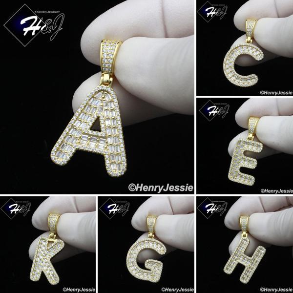 MEN WOMEN 925 STERLING SILVER ICY BAGUETTE CZ 3D GOLD 26 INITIAL LETTERS PENDANT*GP412