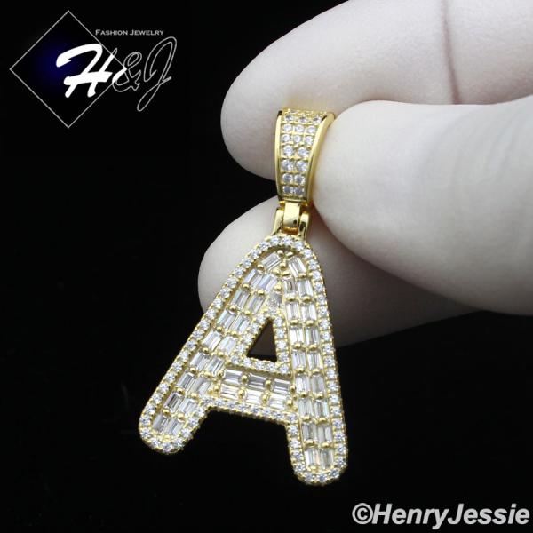 MEN WOMEN 925 STERLING SILVER ICY BAGUETTE CZ 3D GOLD 26 INITIAL LETTERS PENDANT*GP412