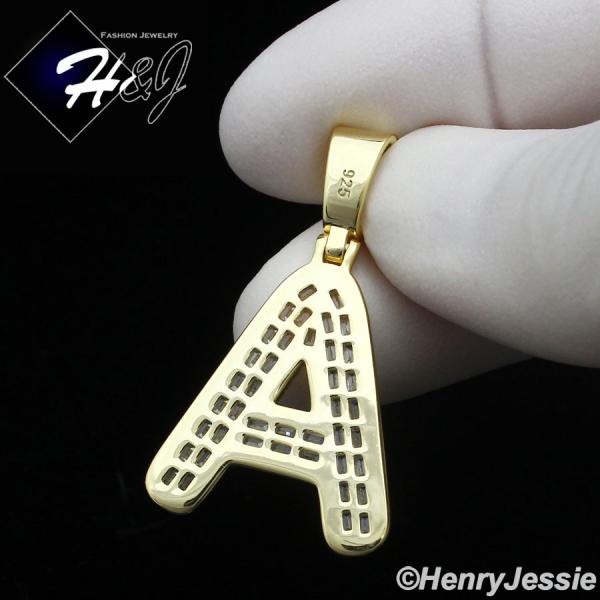 MEN WOMEN 925 STERLING SILVER ICY BAGUETTE CZ 3D GOLD 26 INITIAL LETTERS PENDANT*GP412