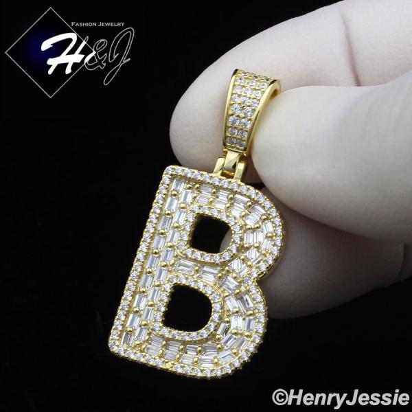 MEN WOMEN 925 STERLING SILVER ICY BAGUETTE CZ 3D GOLD 26 INITIAL LETTERS PENDANT*GP412
