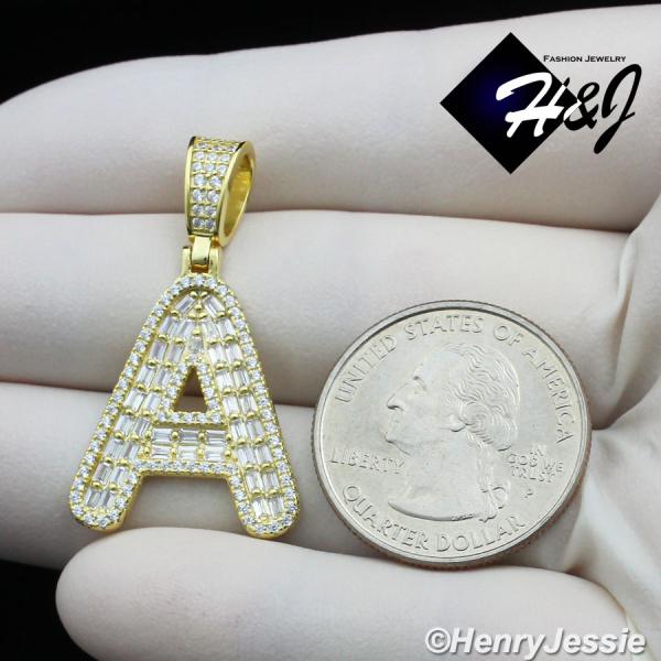 MEN WOMEN 925 STERLING SILVER ICY BAGUETTE CZ 3D GOLD 26 INITIAL LETTERS PENDANT*GP412