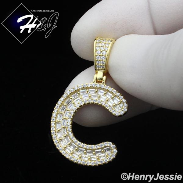 MEN WOMEN 925 STERLING SILVER ICY BAGUETTE CZ 3D GOLD 26 INITIAL LETTERS PENDANT*GP412