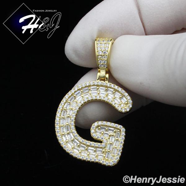 MEN WOMEN 925 STERLING SILVER ICY BAGUETTE CZ 3D GOLD 26 INITIAL LETTERS PENDANT*GP412