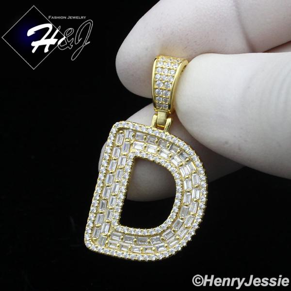 MEN WOMEN 925 STERLING SILVER ICY BAGUETTE CZ 3D GOLD 26 INITIAL LETTERS PENDANT*GP412