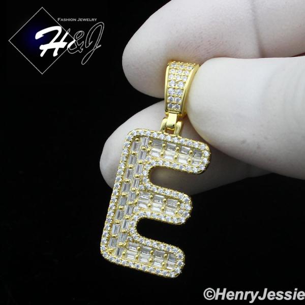 MEN WOMEN 925 STERLING SILVER ICY BAGUETTE CZ 3D GOLD 26 INITIAL LETTERS PENDANT*GP412