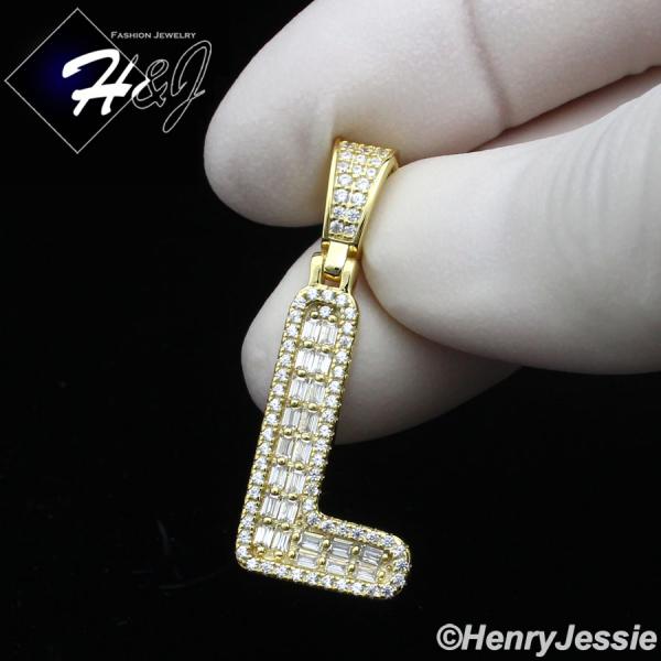 MEN WOMEN 925 STERLING SILVER ICY BAGUETTE CZ 3D GOLD 26 INITIAL LETTERS PENDANT*GP412