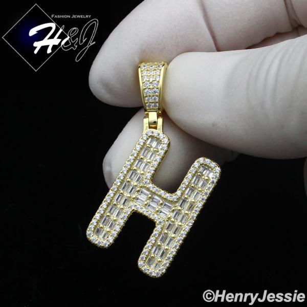 MEN WOMEN 925 STERLING SILVER ICY BAGUETTE CZ 3D GOLD 26 INITIAL LETTERS PENDANT*GP412