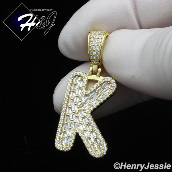 MEN WOMEN 925 STERLING SILVER ICY BAGUETTE CZ 3D GOLD 26 INITIAL LETTERS PENDANT*GP412