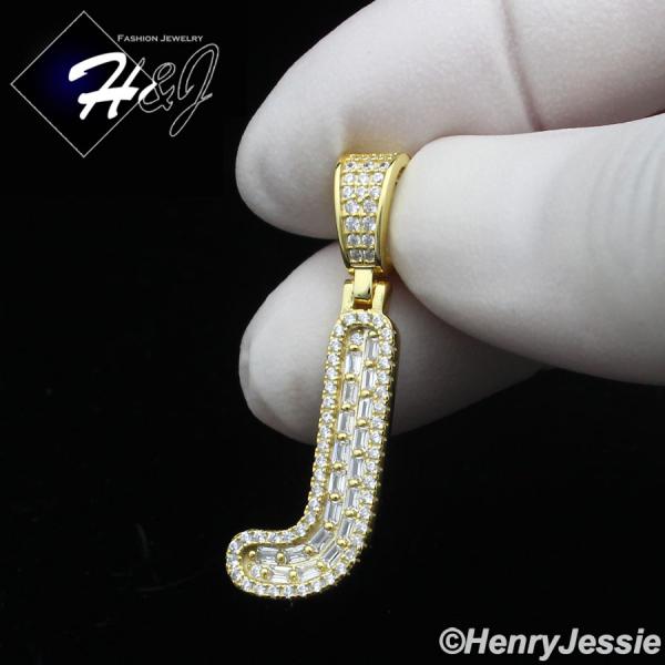 MEN WOMEN 925 STERLING SILVER ICY BAGUETTE CZ 3D GOLD 26 INITIAL LETTERS PENDANT*GP412