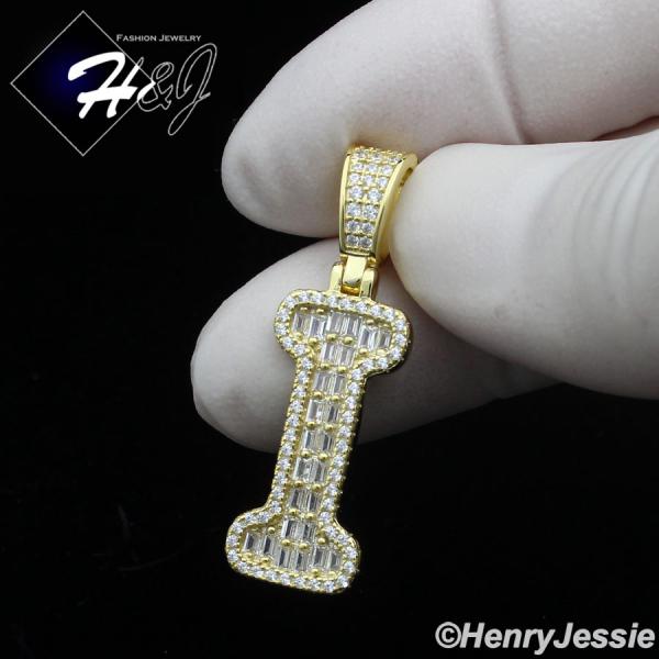 MEN WOMEN 925 STERLING SILVER ICY BAGUETTE CZ 3D GOLD 26 INITIAL LETTERS PENDANT*GP412