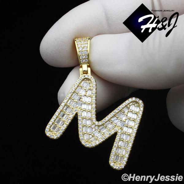 MEN WOMEN 925 STERLING SILVER ICY BAGUETTE CZ 3D GOLD 26 INITIAL LETTERS PENDANT*GP412