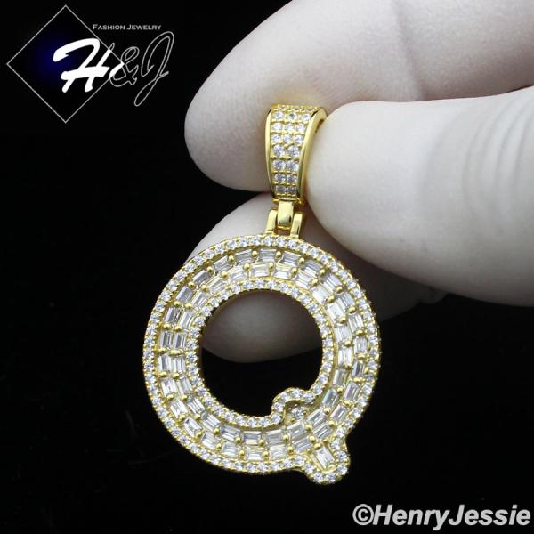 MEN WOMEN 925 STERLING SILVER ICY BAGUETTE CZ 3D GOLD 26 INITIAL LETTERS PENDANT*GP412
