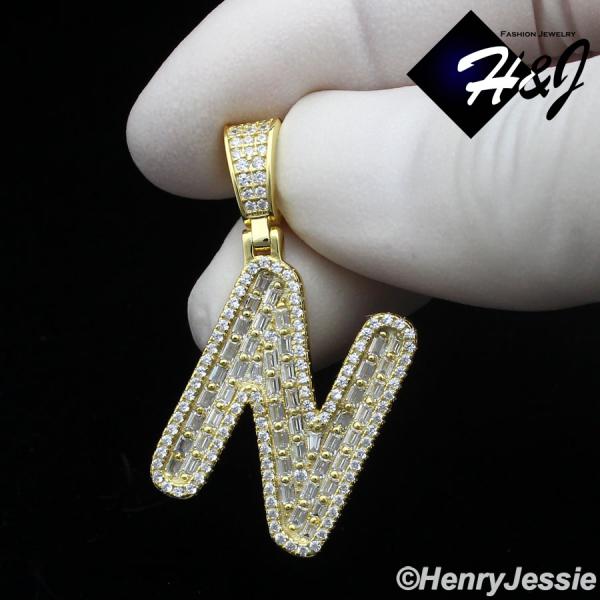 MEN WOMEN 925 STERLING SILVER ICY BAGUETTE CZ 3D GOLD 26 INITIAL LETTERS PENDANT*GP412
