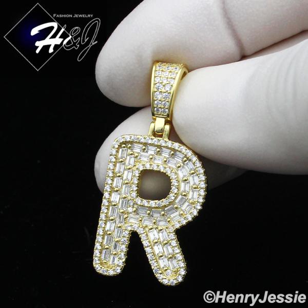 MEN WOMEN 925 STERLING SILVER ICY BAGUETTE CZ 3D GOLD 26 INITIAL LETTERS PENDANT*GP412