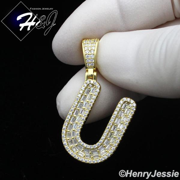 MEN WOMEN 925 STERLING SILVER ICY BAGUETTE CZ 3D GOLD 26 INITIAL LETTERS PENDANT*GP412