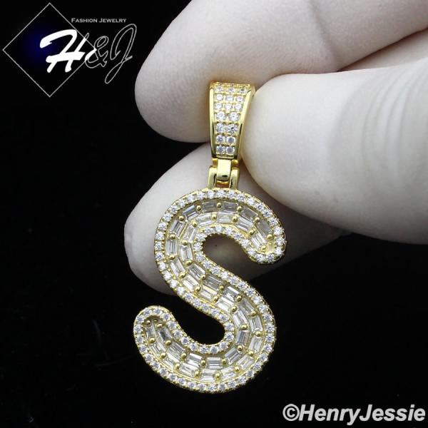 MEN WOMEN 925 STERLING SILVER ICY BAGUETTE CZ 3D GOLD 26 INITIAL LETTERS PENDANT*GP412