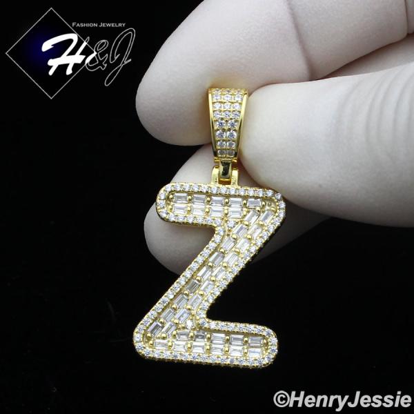 MEN WOMEN 925 STERLING SILVER ICY BAGUETTE CZ 3D GOLD 26 INITIAL LETTERS PENDANT*GP412