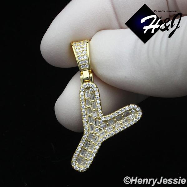 MEN WOMEN 925 STERLING SILVER ICY BAGUETTE CZ 3D GOLD 26 INITIAL LETTERS PENDANT*GP412