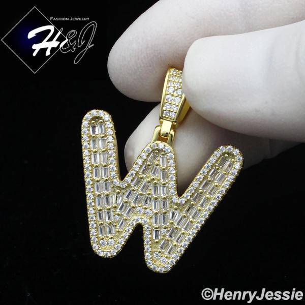 MEN WOMEN 925 STERLING SILVER ICY BAGUETTE CZ 3D GOLD 26 INITIAL LETTERS PENDANT*GP412