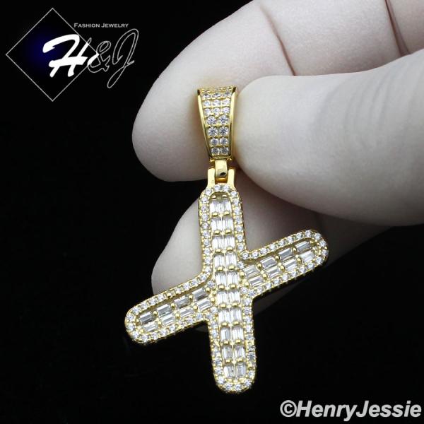 MEN WOMEN 925 STERLING SILVER ICY BAGUETTE CZ 3D GOLD 26 INITIAL LETTERS PENDANT*GP412