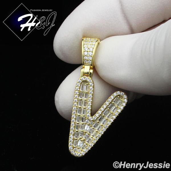 MEN WOMEN 925 STERLING SILVER ICY BAGUETTE CZ 3D GOLD 26 INITIAL LETTERS PENDANT*GP412