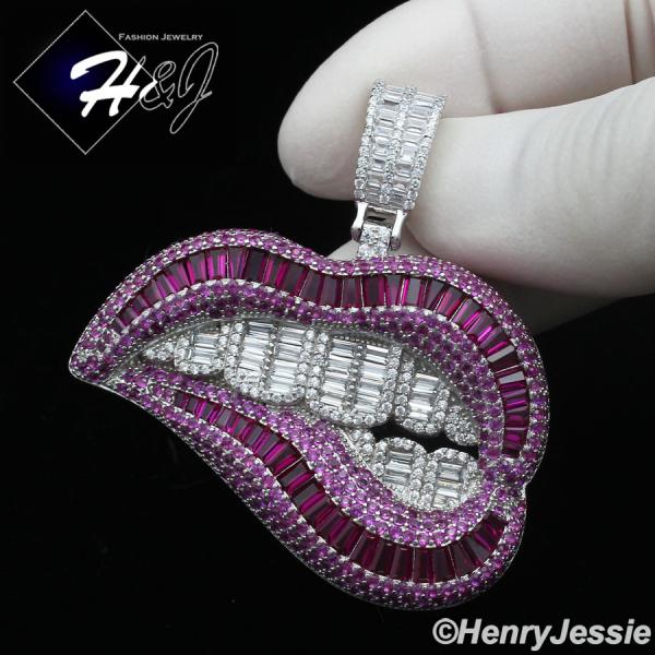 925 STERLING SILVER ICY BLING CZ MAGENTA PINK 3D HIP HOP LIPS/TEETH PENDANT*P418