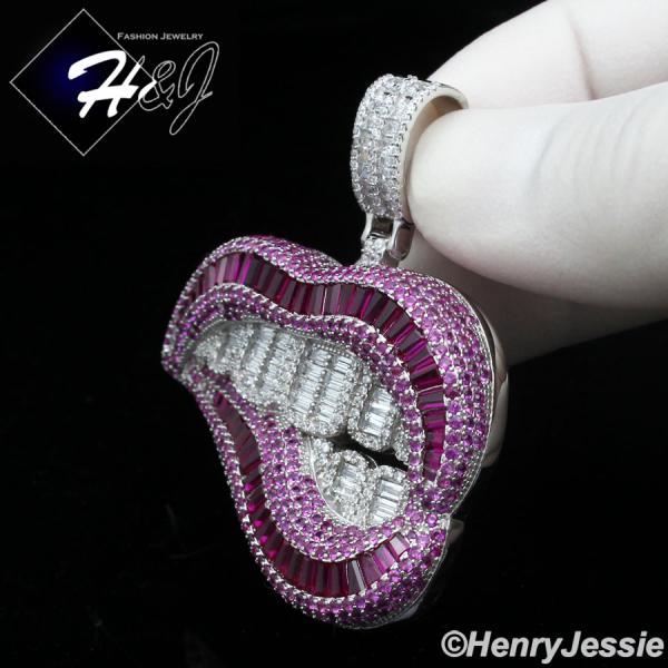 925 STERLING SILVER ICY BLING CZ MAGENTA PINK 3D HIP HOP LIPS/TEETH PENDANT*P418