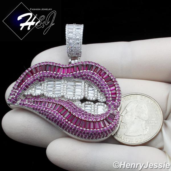 925 STERLING SILVER ICY BLING CZ MAGENTA PINK 3D HIP HOP LIPS/TEETH PENDANT*P418