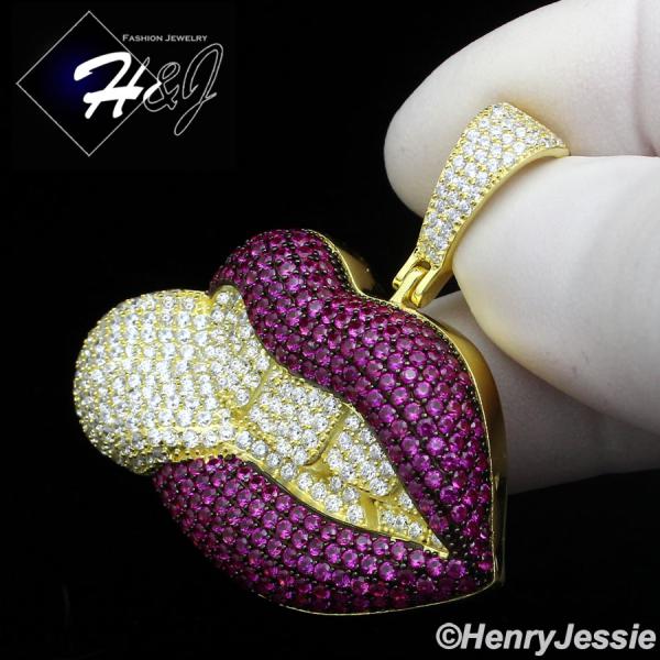 925 STERLING SILVER ICY CZ MAGENTA PINK 3D GOLD PLATED LIPS/TEETH PENDANT*GP443