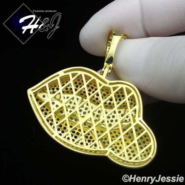 925 STERLING SILVER ICY CZ MAGENTA PINK 3D GOLD PLATED LIPS/TEETH PENDANT*GP443