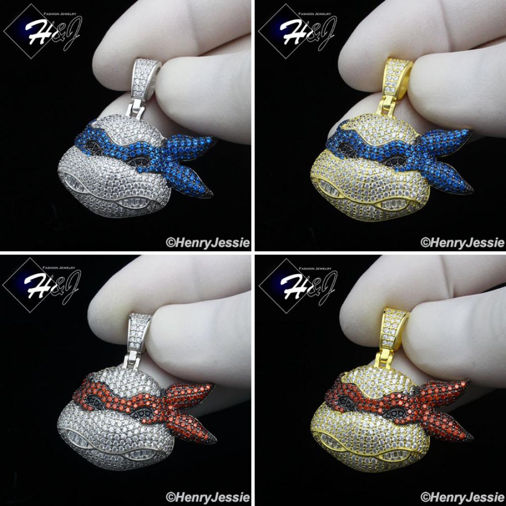 925 STERLING SILVER ICY CZ GOLD PLATED/SILVER NINJA BLUE/RED TURTLE PENDANT*P413