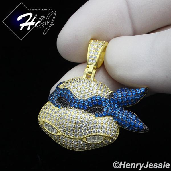 925 STERLING SILVER ICY CZ GOLD PLATED/SILVER NINJA BLUE/RED TURTLE PENDANT*P413