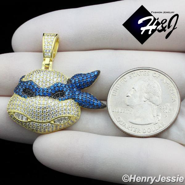 925 STERLING SILVER ICY CZ GOLD PLATED/SILVER NINJA BLUE/RED TURTLE PENDANT*P413