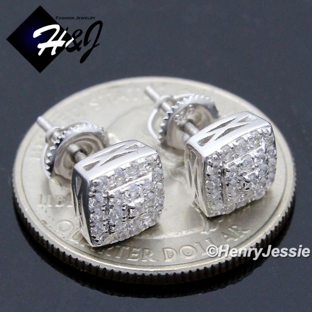MEN SOLID 925 STERLING SILVER 8MM ICY BLING CZ 3D SQUARE STUD EARRING*E200